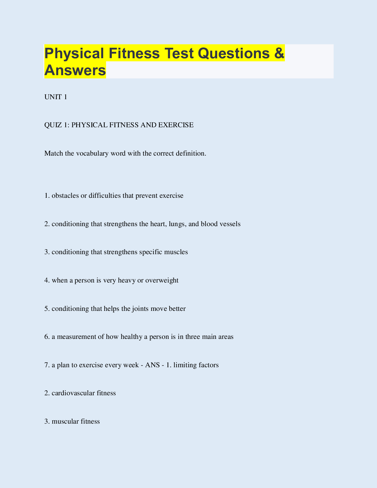 Preview image for Physical Fitness Test Questions & Answers | 100 Questions with 100% Correct Answers | Updated & Verified